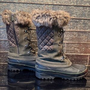 Lands End Army Green Winter Shoes Fur Lands' End Snow Boots Size 9B Mid-Calf